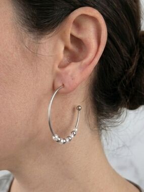 Beaded Faux Pearl Silver Hoop Earrings Minimalist Boho Chic